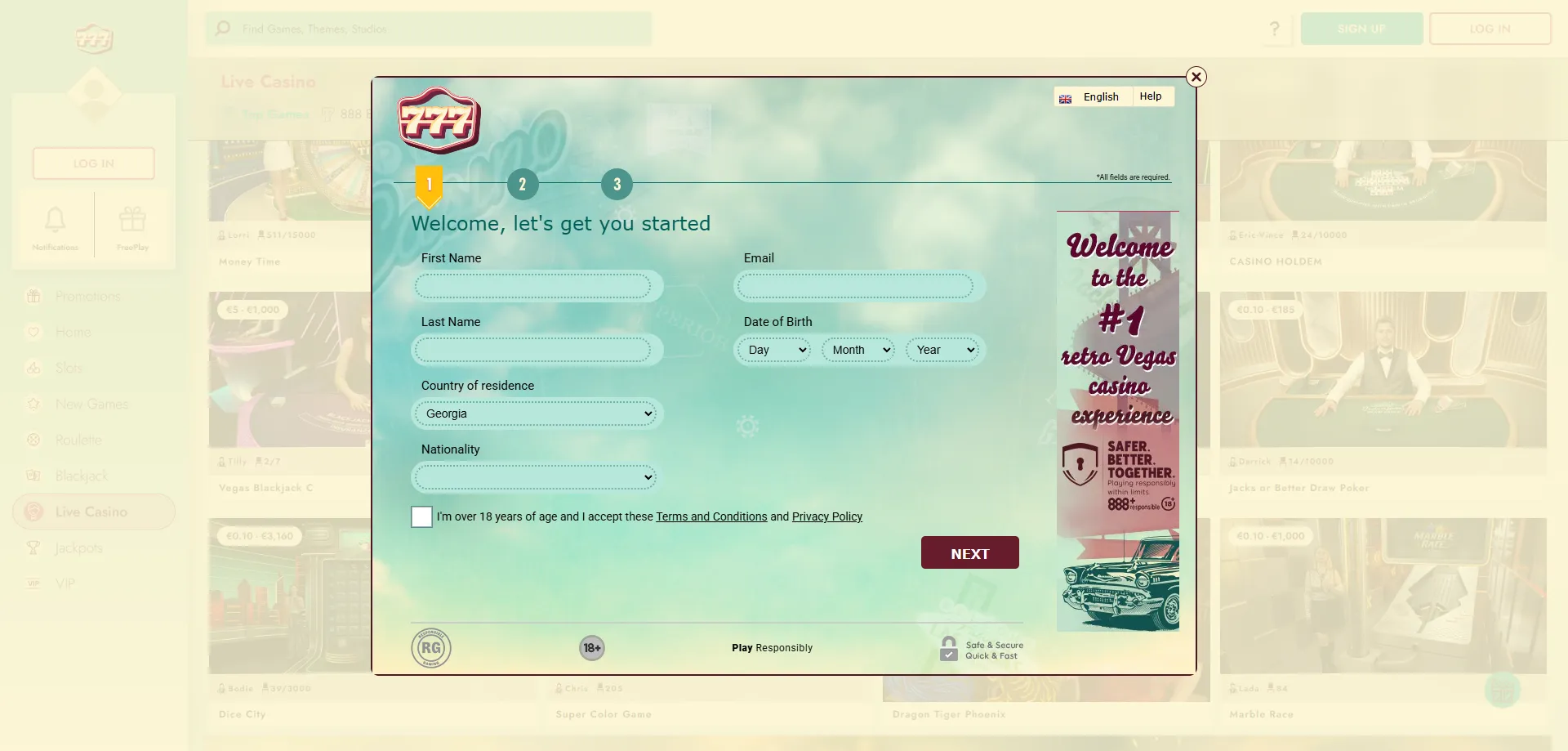 777 Casino registration — sign up and claim welcome bonus
